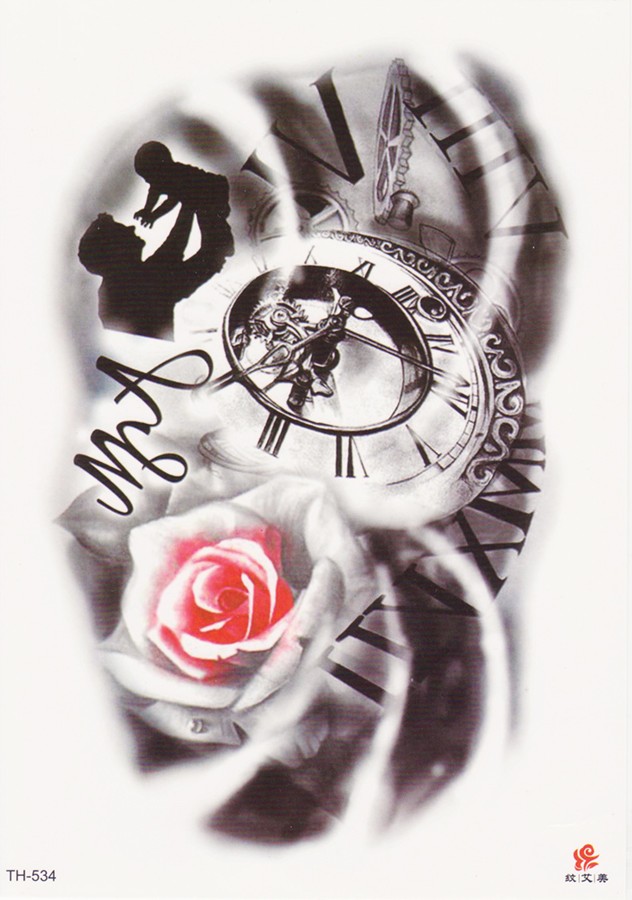 Татуировка на тело чёрная с цветом Розы и часы 48х17 см