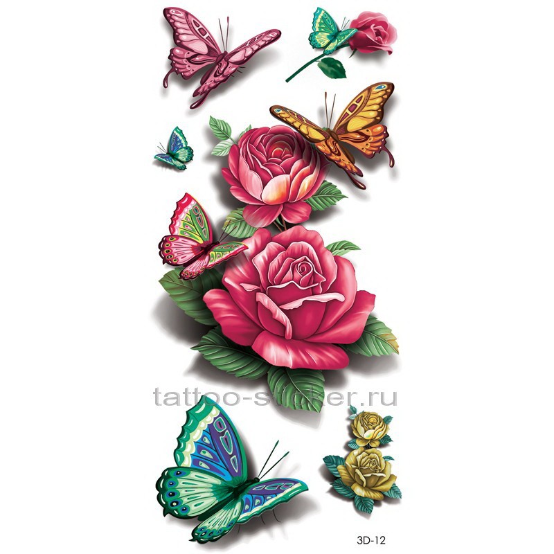 Временная татуировка 3d Розы и бабочки 33924