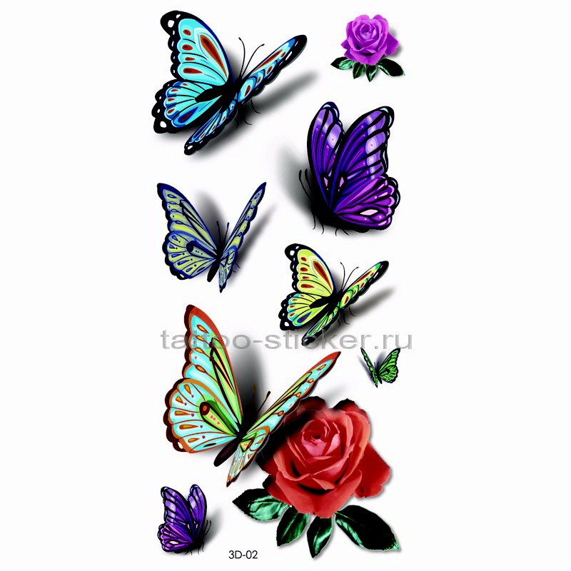 Временная татуировка 3d Розы и бабочки 33925
