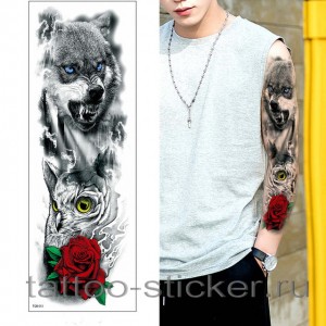 Временная татуировка Волк, сова и роза 34332