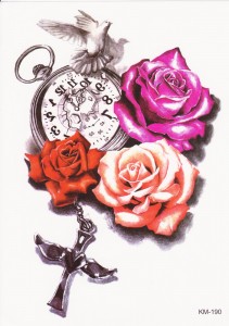 Временная татуировка Часы, розы и голубка 34236