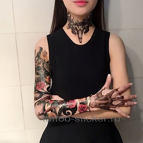 Временная татуировка Винтовка, череп и розы 34040