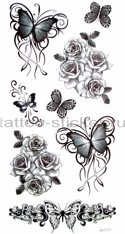 Временная татуировка Орнамент Розы и бабочки 33788