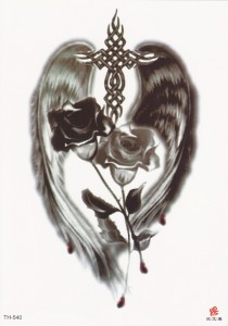 Временная татуировка Крылья, розы, крест 34389